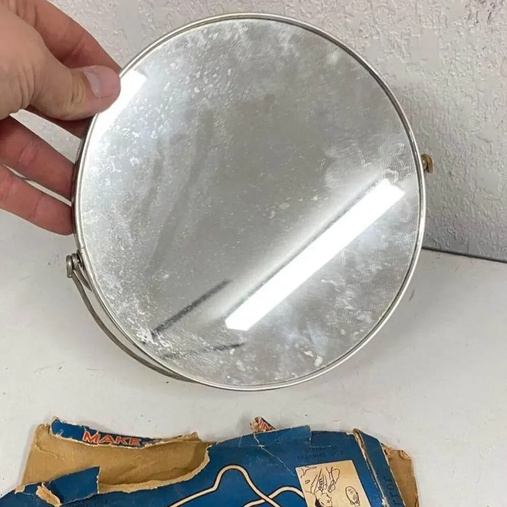 Vintage Circular Double Sided Makeup Vanity Mirror Silver Stainless W Box - HLBN